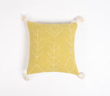 18" Yellow and White Geometric Cotton Throw Pillow Cover With Embroidery, Tassels