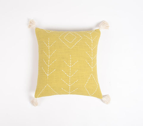 18" Yellow and White Geometric Cotton Throw Pillow Cover With Embroidery, Tassels