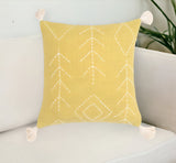 18" Yellow and White Geometric Cotton Throw Pillow Cover With Embroidery, Tassels