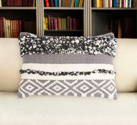 16" X 24" Brown and White Striped Cotton Blend Throw Pillow Cover With Tufts