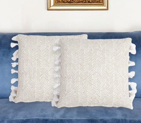 Set of Two Brown and White Chevron Cotton Throw Pillow Cover With Tassels