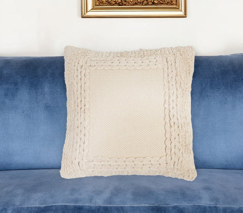 18" Beige Cotton Blend Throw Pillow Cover With Fringe