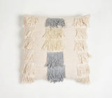 18" Beige and Gray Striped Cotton Throw Pillow Cover With Fringe