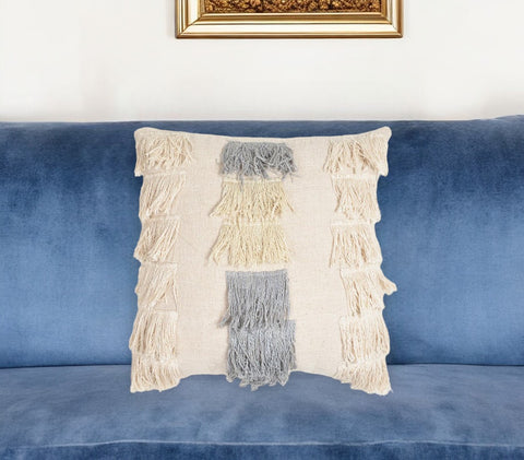 18" Beige and Gray Striped Cotton Throw Pillow Cover With Fringe