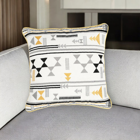 16" Yellow and White Geometric Cotton Throw Pillow Cover With Embroidery