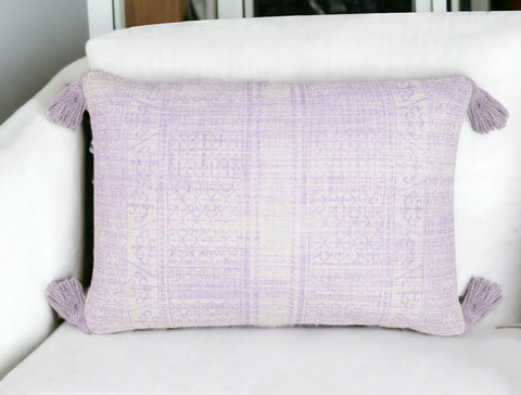 16" X 24" Purple and White Abstract Cotton Throw Pillow Cover With Tassels
