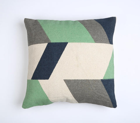 20" Beige Blue and Green Handmade Geometric Indoor Outdoor Throw Pillow Cover