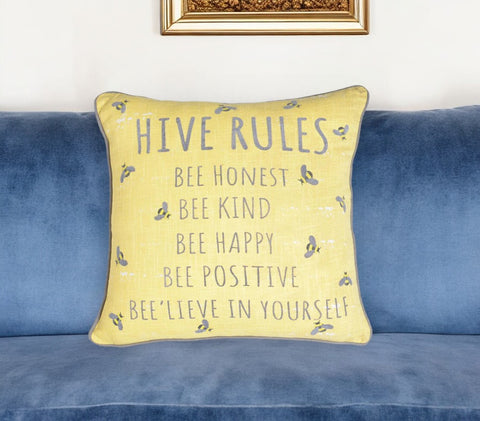 17" Gray and Yellow Bee Text Cotton Throw Pillow Cover With Embroidery