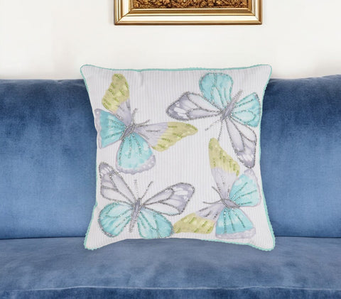 16" Blue and White Butterfly Cotton Throw Pillow Cover With Beads