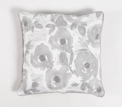 18" Gray and White Floral Cotton Throw Pillow Cover With Beads