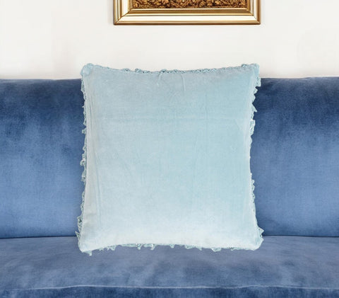 18" Blue Cotton Blend Throw Pillow Cover With Fringe