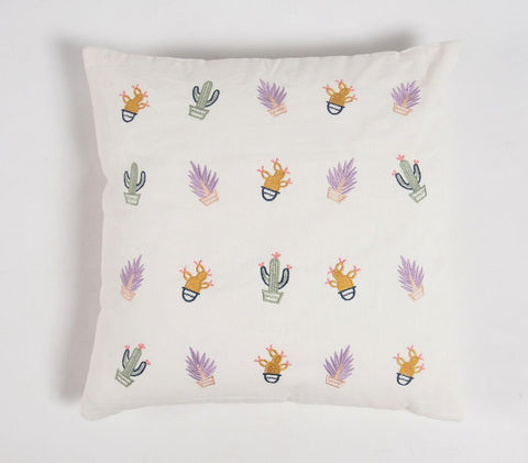 18" Green and White Cactus Cotton Throw Pillow Cover With Embroidery