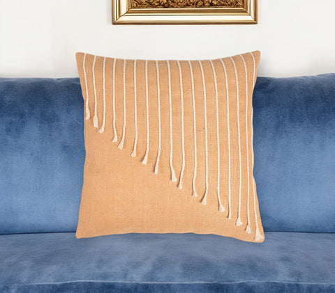 18" Beige and White Striped Cotton Throw Pillow Cover