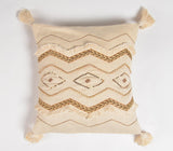 16" Beige and Gold Geometric Cotton Throw Pillow Cover With Sequins, Tassels