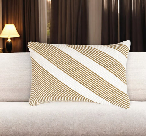 11" X 19" Brown and White Striped Cotton Throw Pillow Cover
