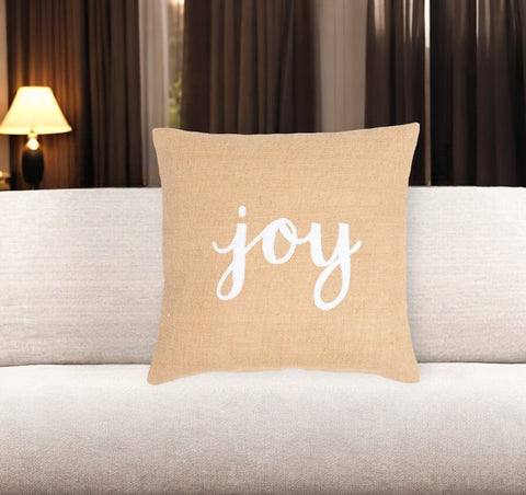 16" Beige and White Jute Throw Pillow Cover With Embroidery