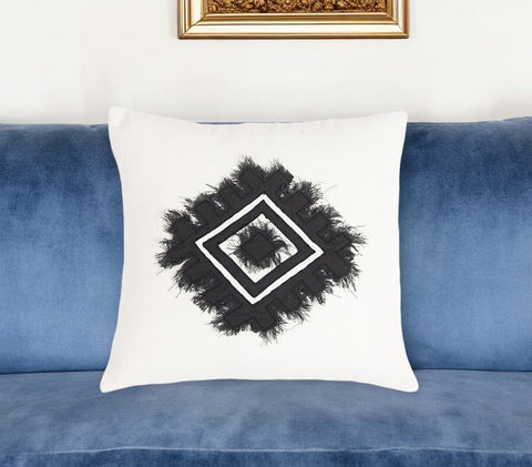 16" Black and White Geometric Cotton Throw Pillow Cover With Embroidery, Fringe