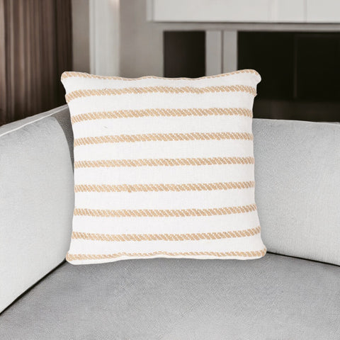 16" Brown and White Striped Cotton Blend Throw Pillow Cover