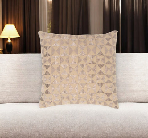 16" Pink Geometric Cotton Throw Pillow Cover With Embroidery