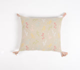 18" Beige and Green Floral Cotton Throw Pillow Cover With Embroidery, Tassels
