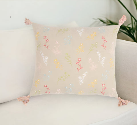 18" Beige and Green Floral Cotton Throw Pillow Cover With Embroidery, Tassels