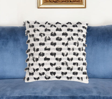 18" Black and White Striped Cotton Throw Pillow Cover With Fringe