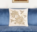 18" Beige and Green Floral Cotton Throw Pillow Cover With Embroidery, Beads
