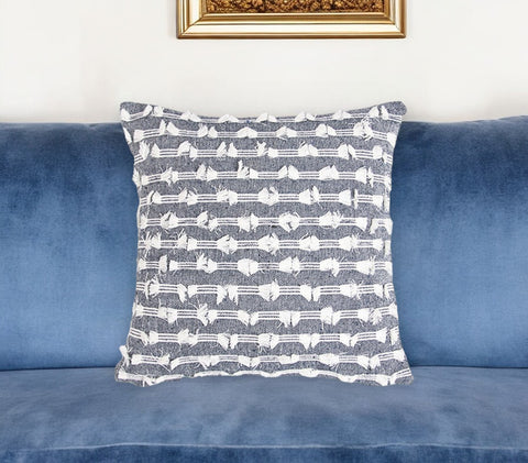 18" Blue and White Striped Cotton Throw Pillow Cover With Fringe