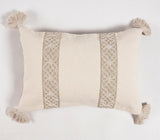 14" X 20" Beige and Green Geometric Cotton Throw Pillow Cover With Embroidery, Tassels