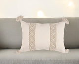 14" X 20" Beige and Green Geometric Cotton Throw Pillow Cover With Embroidery, Tassels
