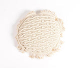 15" X 15" Beige Round Wavy Stripe Cotton Throw Pillow Cover With Fringe