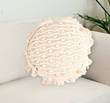 15" X 15" Beige Round Wavy Stripe Cotton Throw Pillow Cover With Fringe