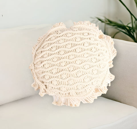 15" X 15" Beige Round Wavy Stripe Cotton Throw Pillow Cover With Fringe
