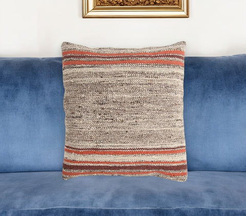 19" Brown and Red Striped Cotton Blend Throw Pillow Cover