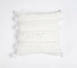 16" White Striped Cotton Throw Pillow Cover With Tassels And Tufts