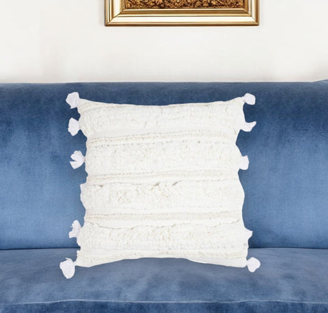 16" White Striped Cotton Throw Pillow Cover With Tassels And Tufts