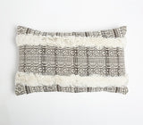 12" X 20" Gray and White Striped Cotton Throw Pillow Cover With Fringe