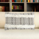 12" X 20" Gray and White Striped Cotton Throw Pillow Cover With Fringe