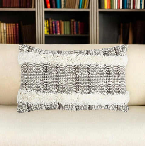 12" X 20" Gray and White Striped Cotton Throw Pillow Cover With Fringe