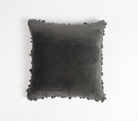 18" Gray Cotton Blend Throw Pillow Cover With Fringe