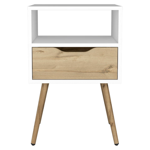 25" White And Natural Wood One Drawer Nightstand