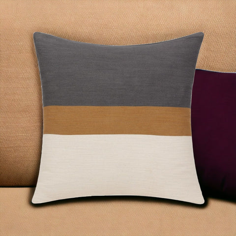 24" Dark Gray Brown And Off White Cotton Striped Throw Pillow