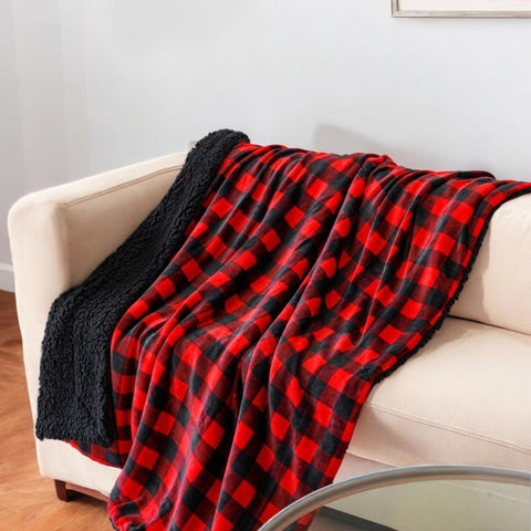 50" X 60" Red and Black Velvet Checkered Plush Throw Blanket