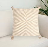 18" Beige and White Geometric Cotton Blend Throw Pillow Cover With Tassels