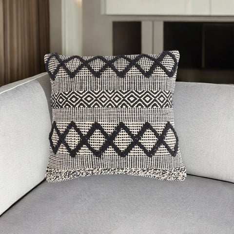 18" Beige and Black Diamond Cotton Blend Throw Pillow Cover