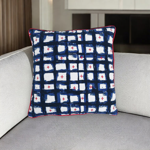 18" Blue and White Abstract Cotton Blend Throw Pillow Cover