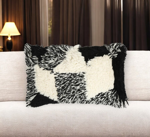 12" X 20" Beige and Black Abstract Cotton Blend Throw Pillow Cover With Shag