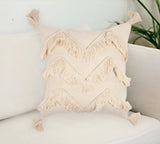 18" Off White Chevron Cotton Throw Pillow Cover With Fringe, Tassels