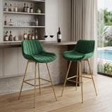 Set of Two 29" Green And Gold Velvet And Metal Low Back Bar Height Swivel Bar Chairs