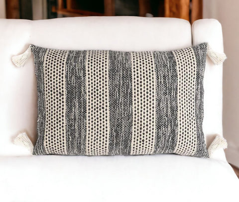 17" X 27" Beige and Black Striped Cotton Throw Pillow Cover With Tassels